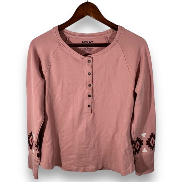 Ariat Pink Henley Long Sleeve Pullover Top Western Southwest Cuff M - Picture 3 of 10